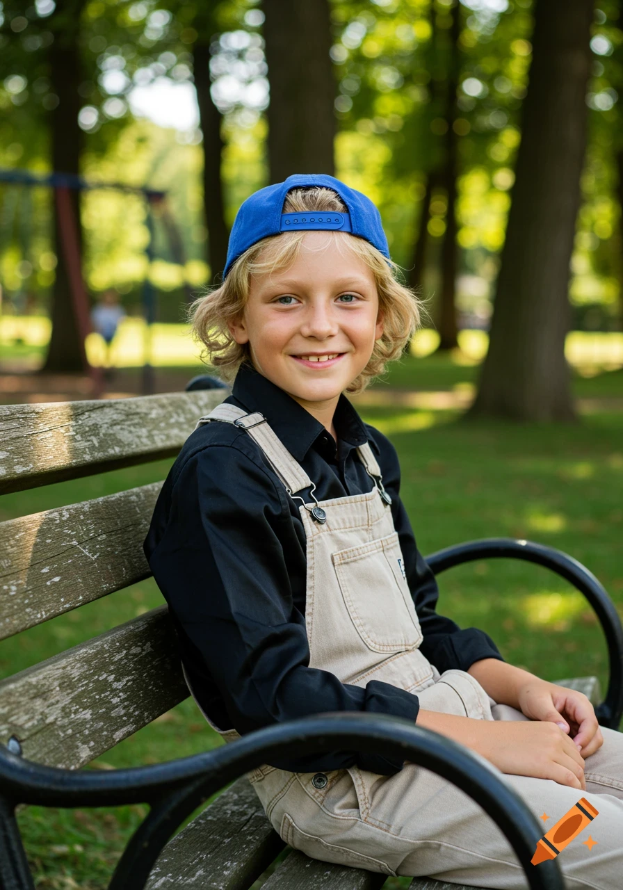 Photorealistic portrait of a cheerful blond boy in a blue cap and overalls, smiling on a park bench with a blurred green park in the background.