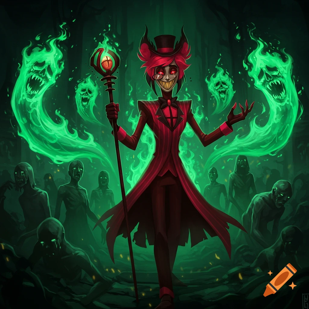 Alastor, a grinning demonic character in a red pinstripe suit and top hat, holds a staff amid green fire and shadowy figures.
