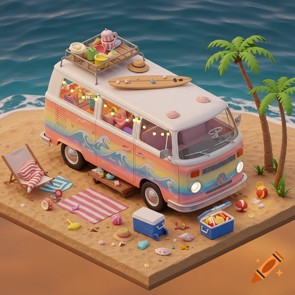 An isometric, stylized illustration of a pastel-colored retro van on a sandy beach with palm trees, a surfboard, and beach gear.