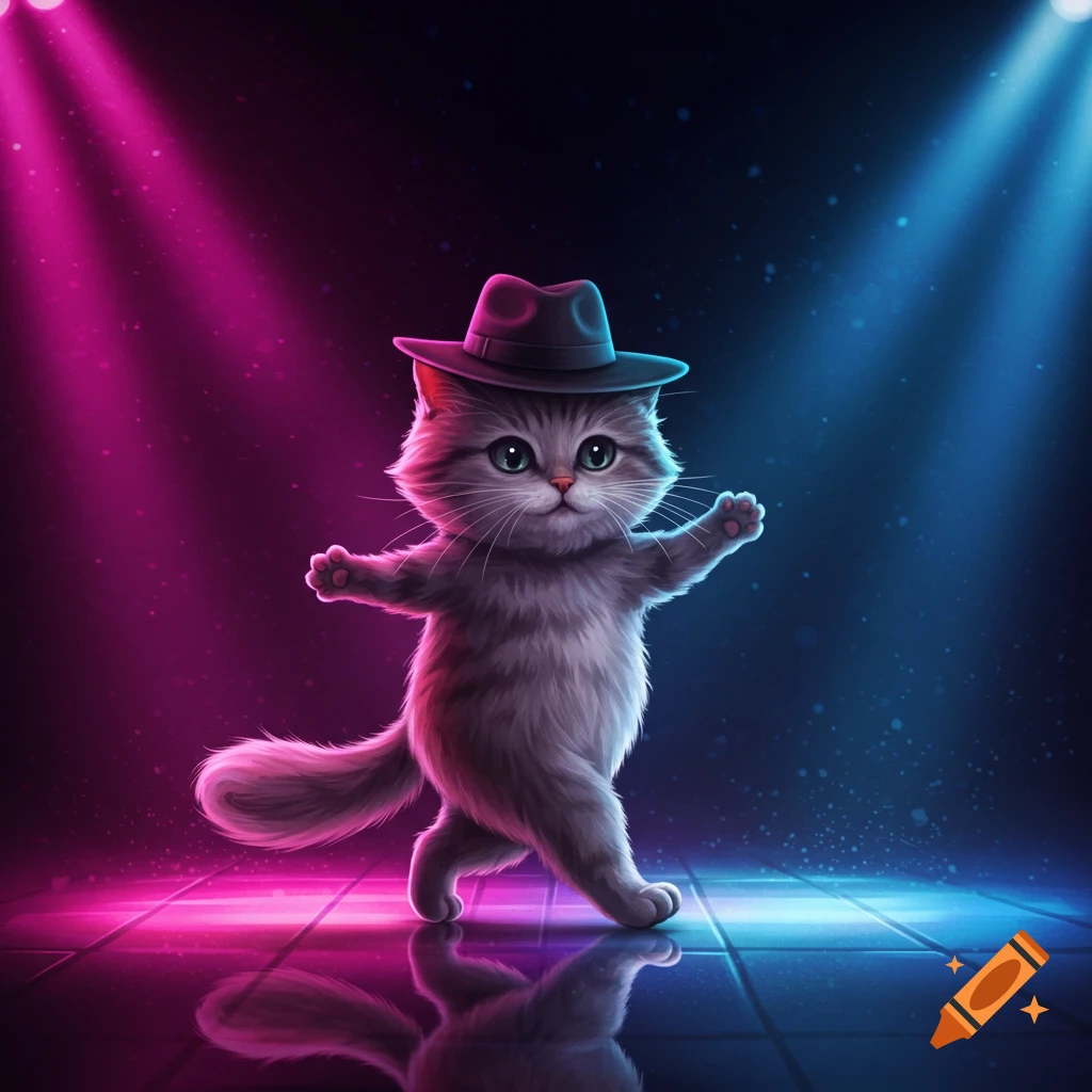 A cute fluffy gray cat wearing a fedora hat dances under vibrant pink and blue neon stage lights with a reflective floor.