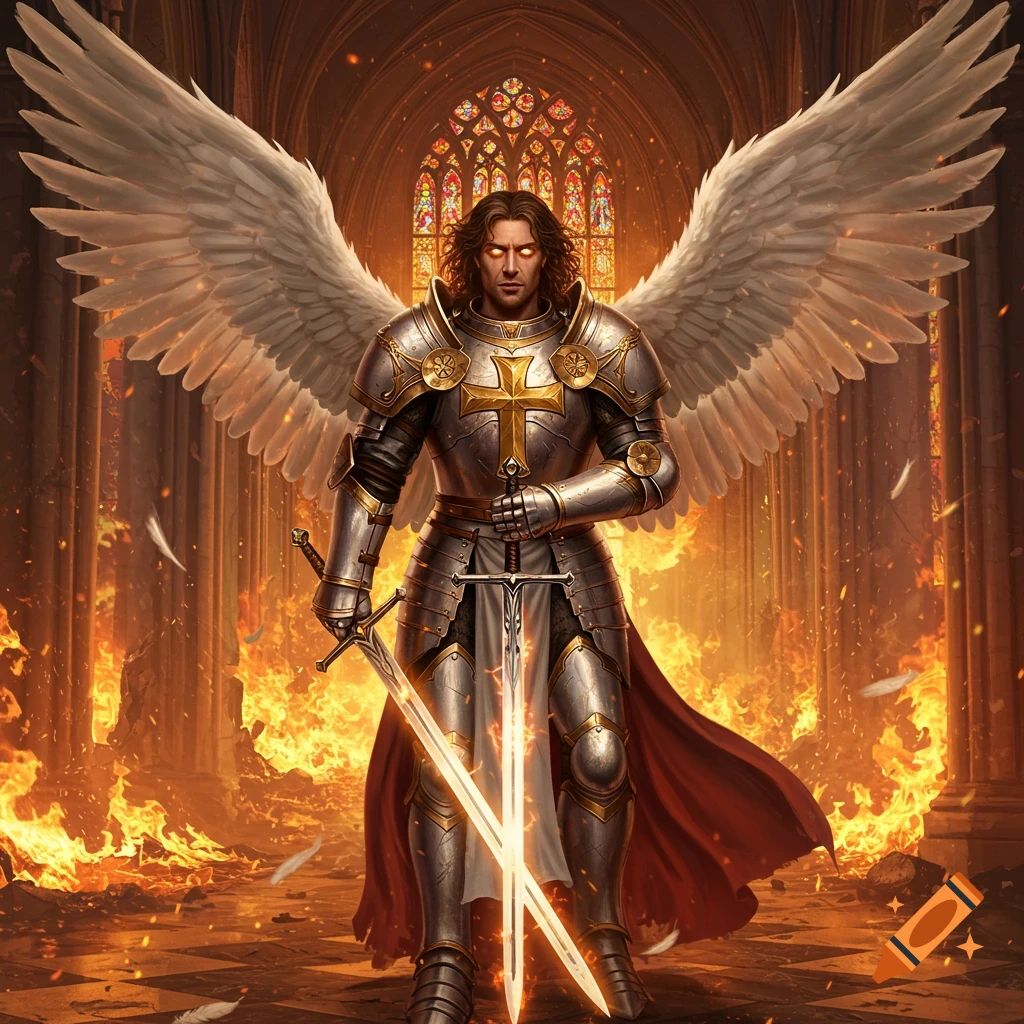 A photorealistic angelic warrior in shining armor with glowing eyes and large white wings stands in a burning cathedral, holding two glowing swords.