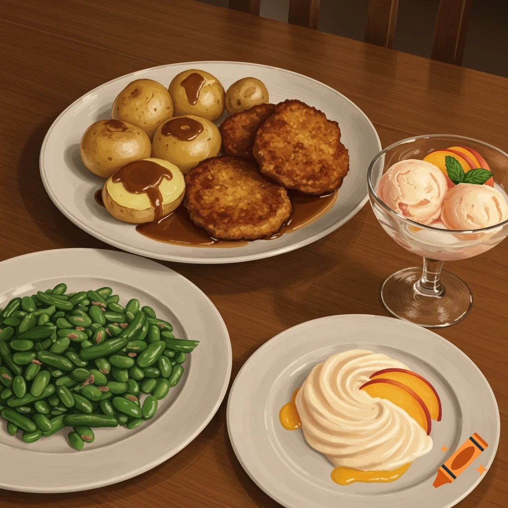 A dinner table with plates of roasted potatoes, fried cutlets, green beans, peach ice cream, and a meringue dessert.