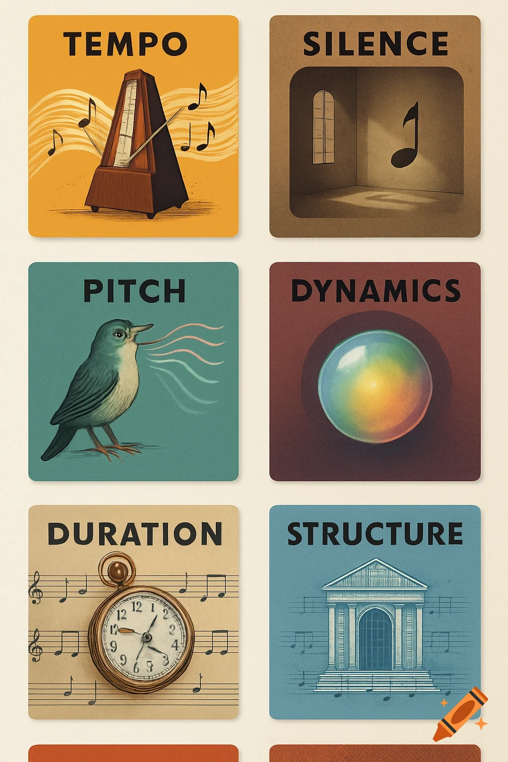 Six vocabulary cards illustrating music concepts: Tempo, Silence, Pitch, Dynamics, Duration, and Structure, in a vintage illustration style.
