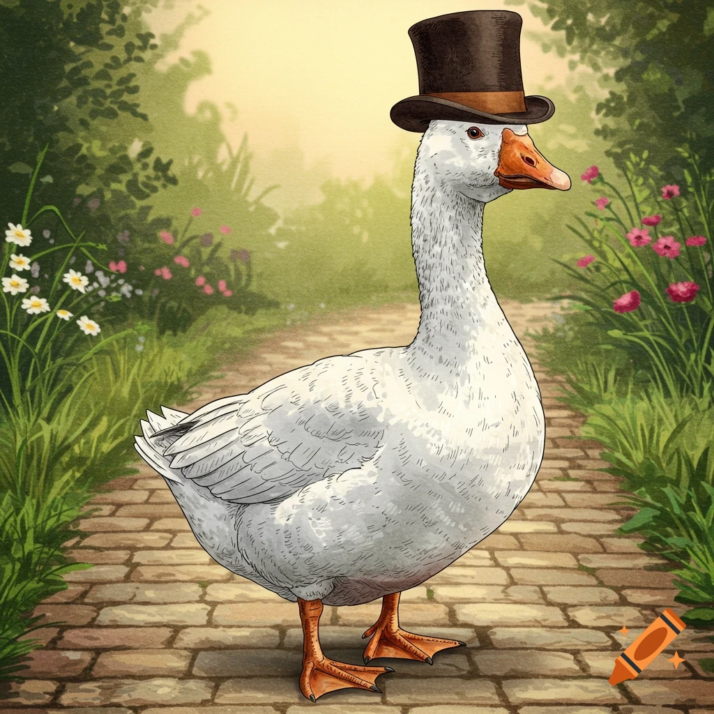 A drawing of a white goose wearing a brown top hat stands on a brick path in a green, flowery garden.