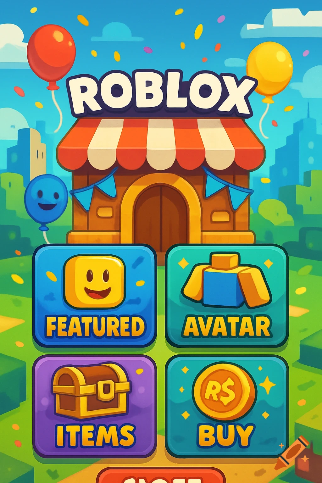 A vibrant, cartoony Roblox shop user interface featuring a storefront, balloons, and buttons for Featured, Avatar, Items, and Buy.