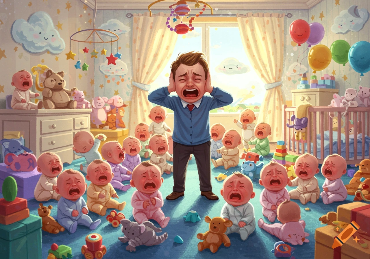 A cartoon illustration of an overwhelmed man plugging his ears, surrounded by dozens of crying babies in a colorful nursery.