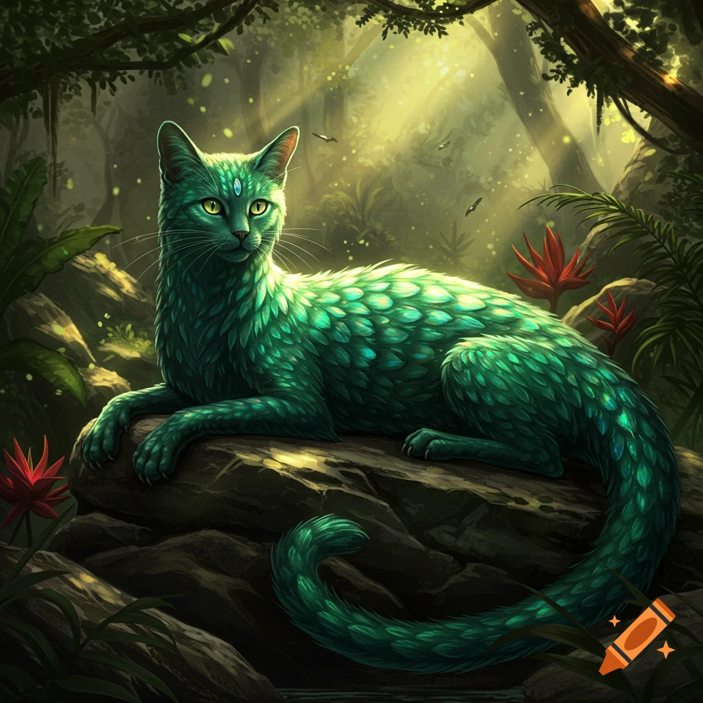 A vibrant green, scaly, cat-like creature with glowing eyes and a jewel on its forehead lies on a rock in a lush, sun-dappled fantasy jungle.