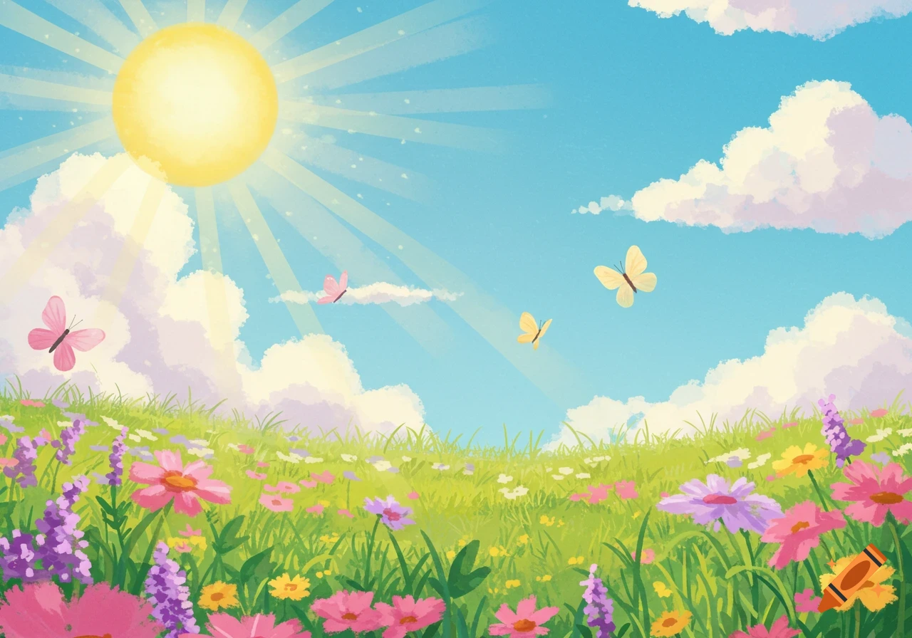 Vibrant illustration of a sunny meadow with colorful flowers, green grass, butterflies, and fluffy clouds.