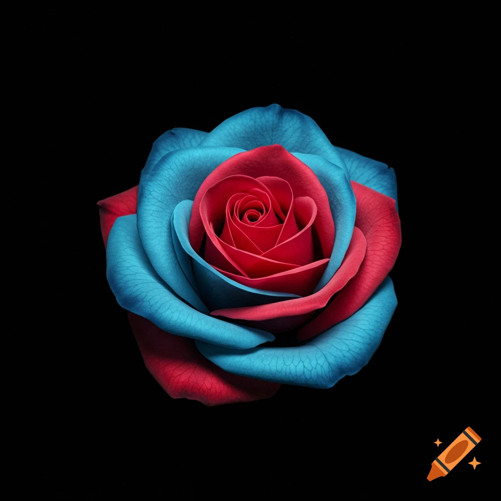 A vibrant red and blue rose with detailed petals, centered against a stark black background.
