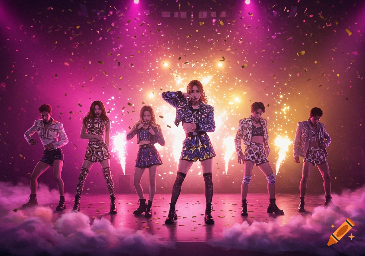 A K-pop group performs on a vibrant stage, surrounded by falling confetti, pyrotechnics, and pink smoke.