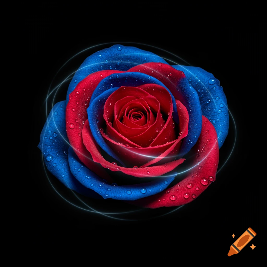 A vibrant red and blue rose covered in water droplets with glowing white lines, set against a black background.