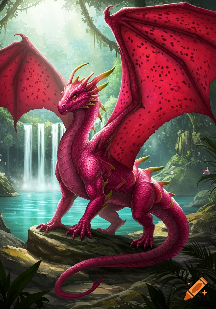 A vibrant pink dragon with red, spotted wings and green spikes stands on a rock in a lush jungle with a waterfall and clear blue water.