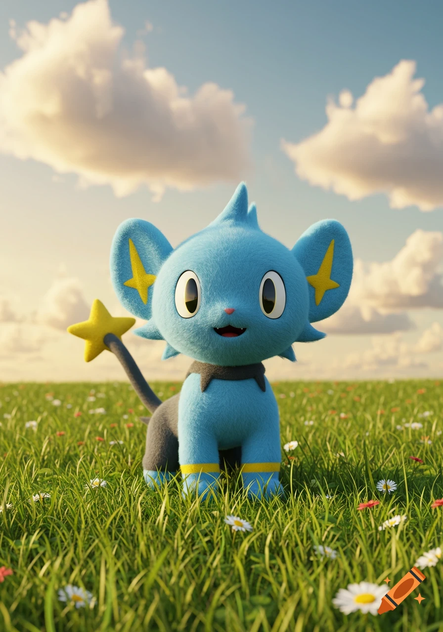 A photorealistic Shinx, a blue, fluffy cat-like Pokemon, stands in a green field with small white and red flowers under a blue sky.