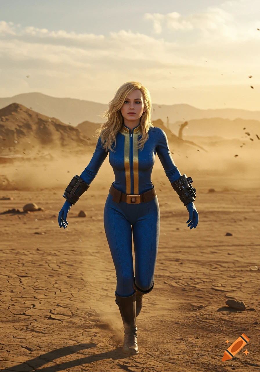 A blonde female vault dweller in a blue and gold suit walks through a desert wasteland under a cloudy sky, looking determined.