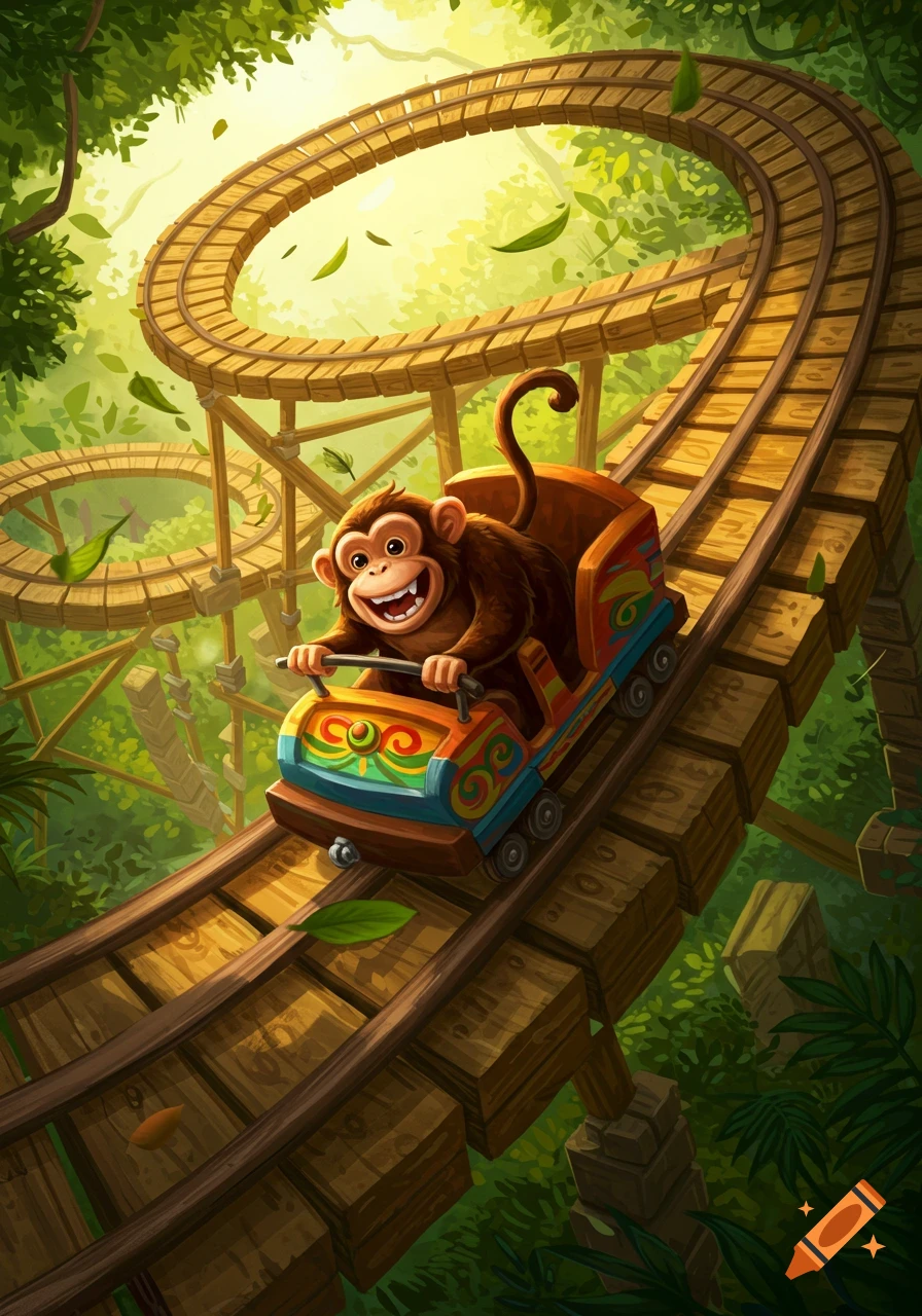 A cheerful cartoon monkey rides a wooden roller coaster through a vibrant green jungle.