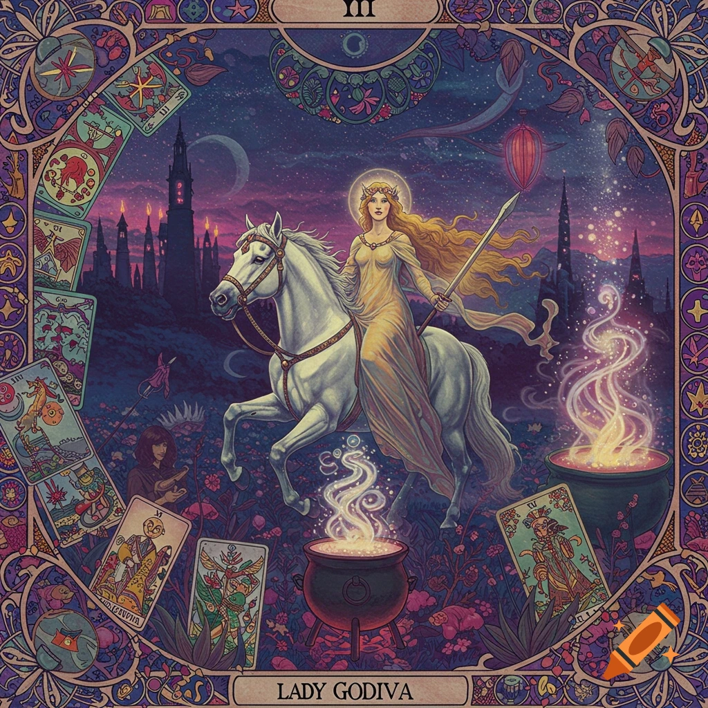 An ornate fantasy illustration depicts a golden-clad Lady Godiva riding a white horse, surrounded by tarot cards, castles, and glowing cauldrons under a starry sky.