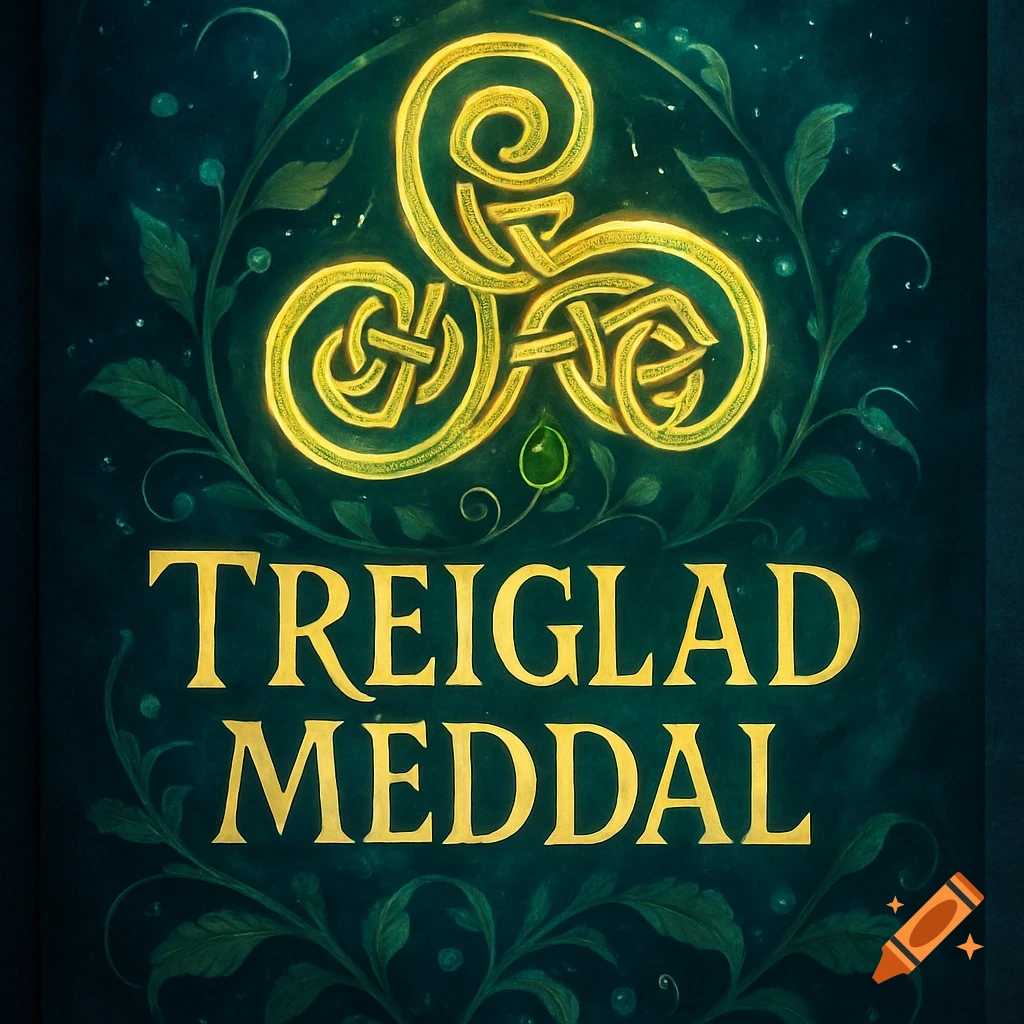 Golden Celtic knot symbol with three spirals and knots on a dark emerald green background with glowing specks and leafy tendrils. Gold text 'TREIGLAD MEDDAL'.