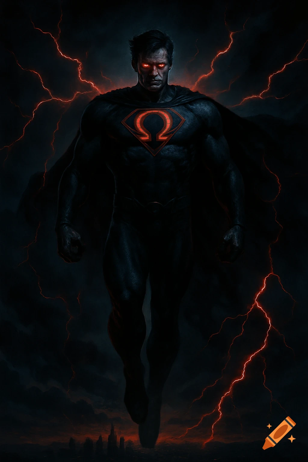 Dark evil Superman-like figure with glowing red eyes, an Omega symbol on his chest, and red lightning in a stormy sky above a cityscape.