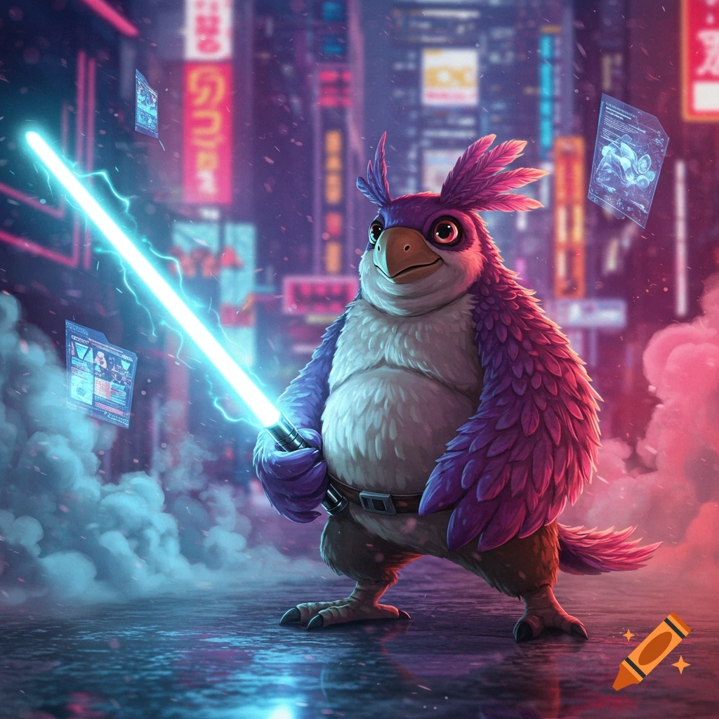 A fluffy purple and white bird-like creature holds a glowing blue lightsaber in a neon cyberpunk city at night, with holographic cards floating around it.