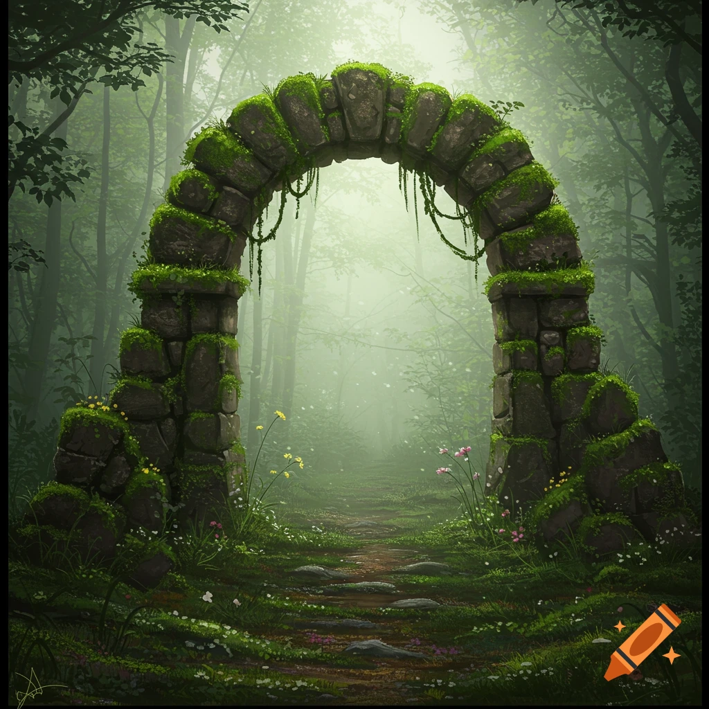 A moss-covered stone archway stands in a misty, lush green forest with a path winding through it, in a fantastical style.