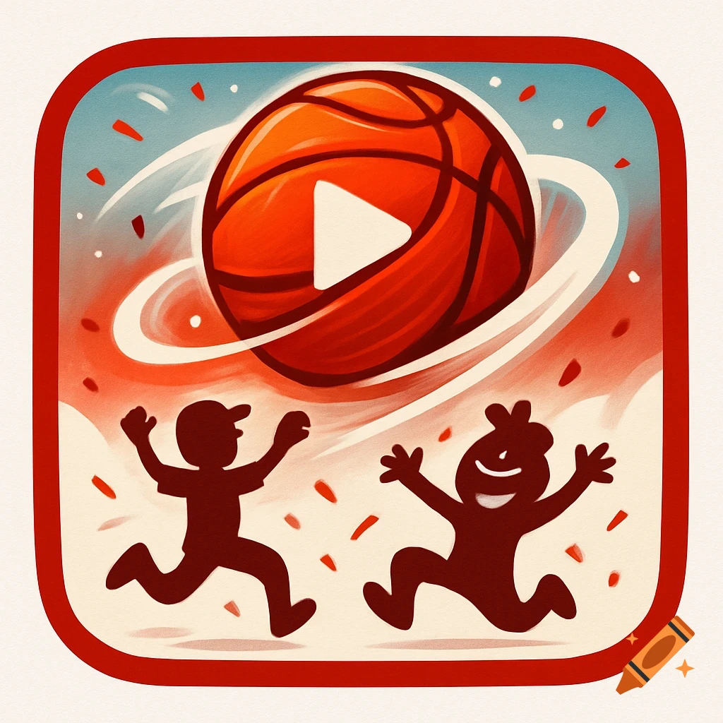 A stylized app icon with a basketball featuring a play button, surrounded by white swirls and red confetti, above two silhouetted figures running joyfully.