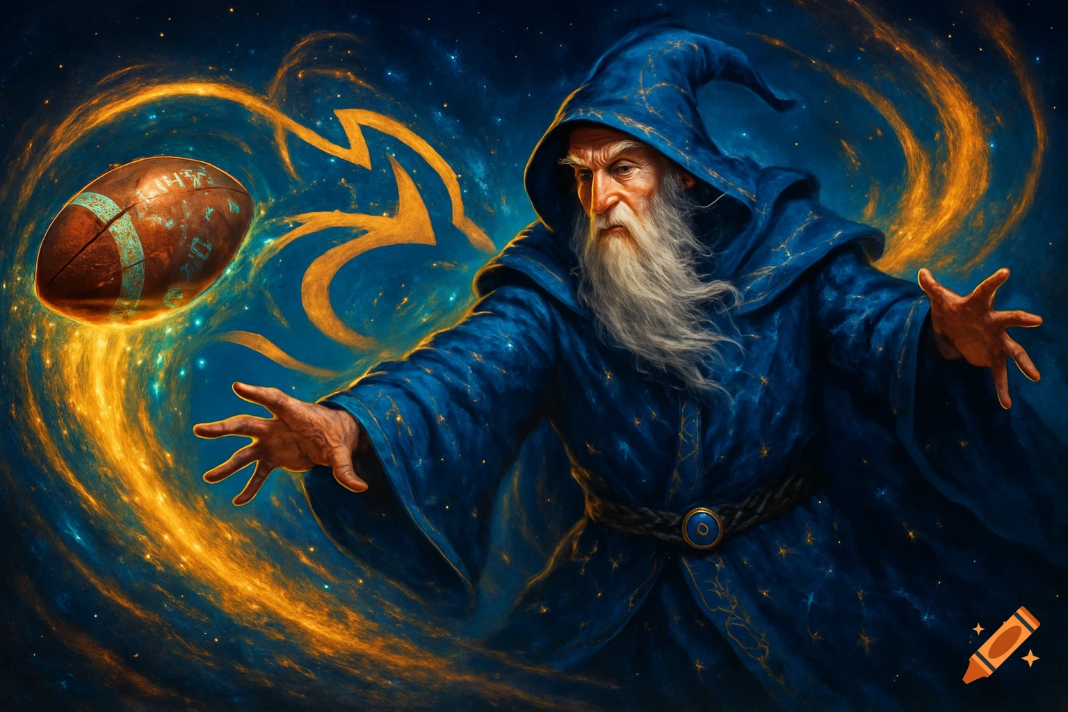 A wizard in a blue robe with a white beard appears to throw an American football in a swirling cosmic blue and orange space, digital art.