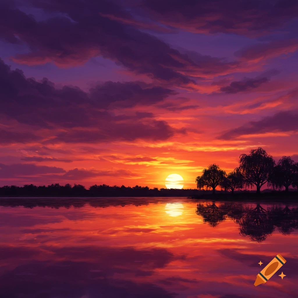 Vibrant red and purple sunset over a calm lake, with silhouetted trees reflecting in the water, digital painting.