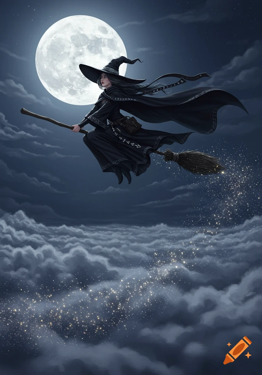 A witch in a black dress and hat flies on a broomstick across a night sky with a full moon and sparkling magic trail.
