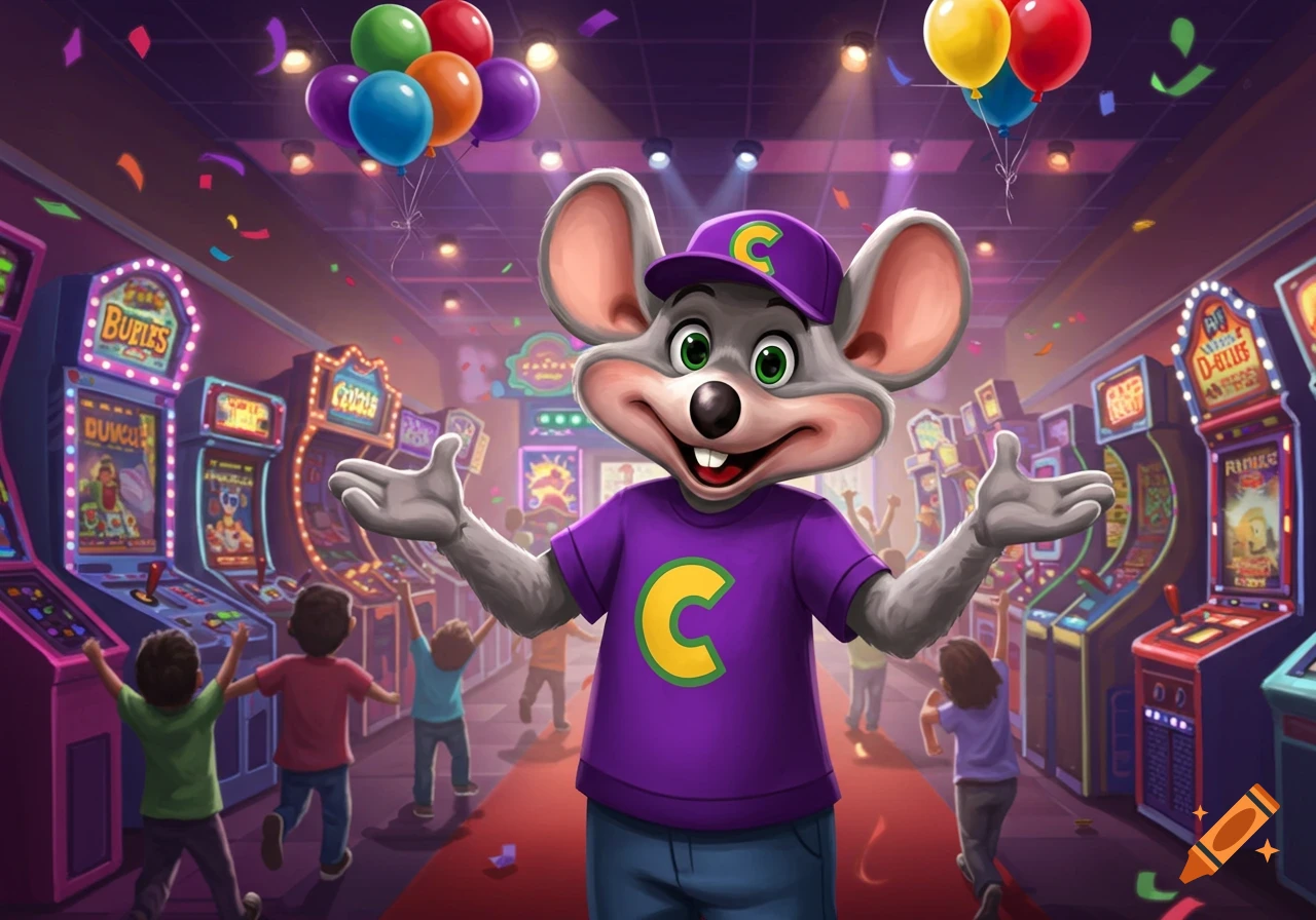 A cartoon mouse mascot, Chuck E. Cheese, with a purple shirt and cap, stands smiling in a vibrant arcade with game machines and children.