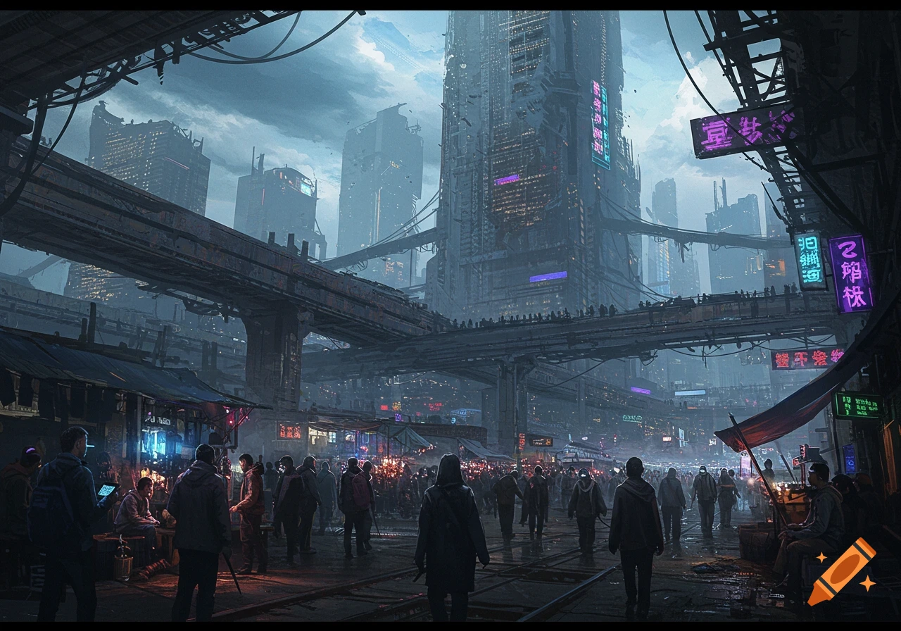 A crowded, dark, futuristic dystopian city with elevated train tracks, large skyscrapers, and neon signs glowing in the night.