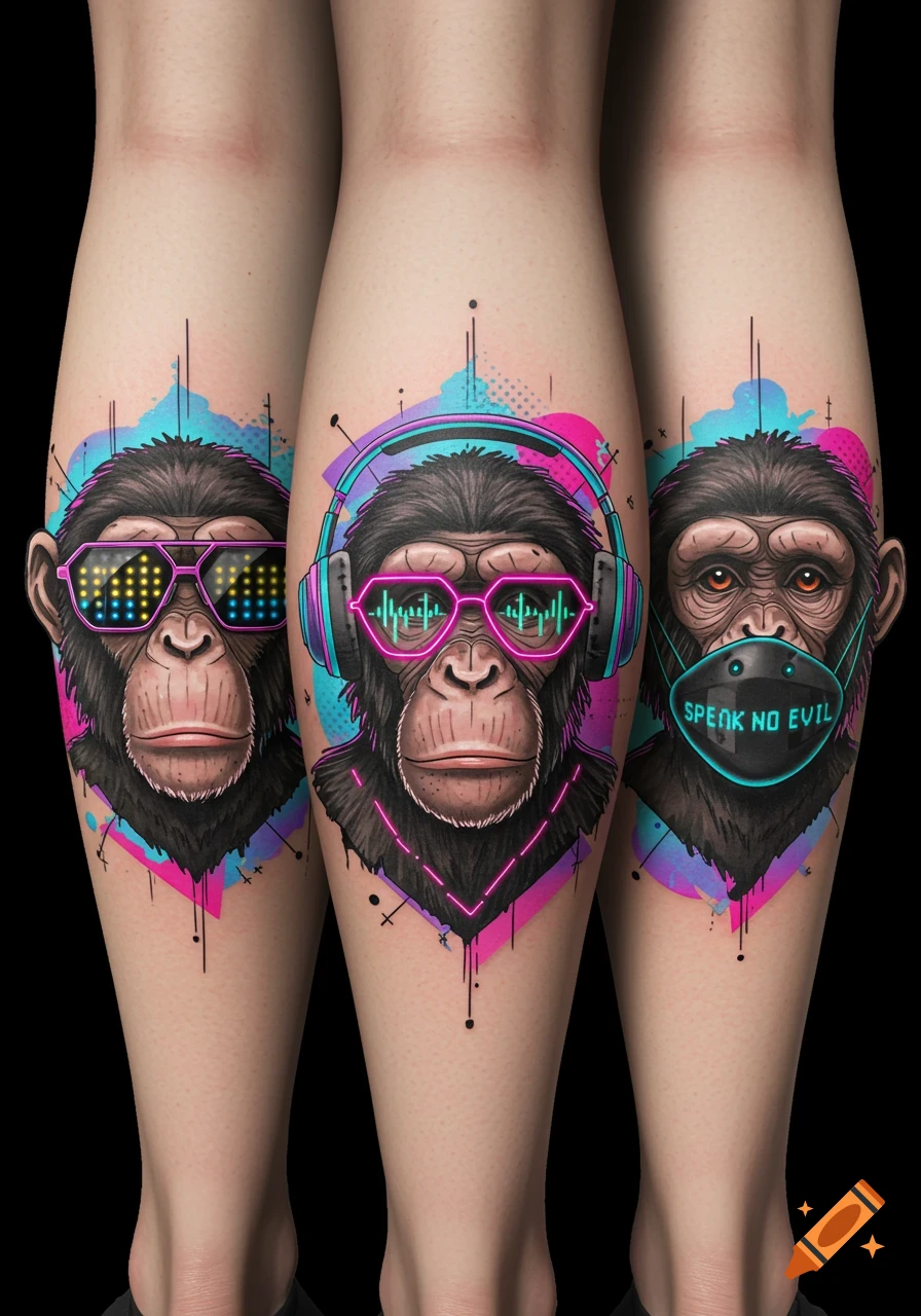 Three vibrant neon chimp tattoos on legs: one with pixel glasses, one with headphones, and one with a "SPEAK NO EVIL" mask.