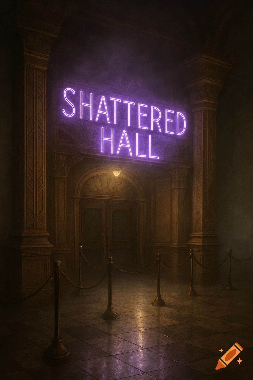 A dimly lit, vintage theatre entrance with ornate pillars, closed doors, and a glowing purple neon sign reading "SHATTERED HALL."