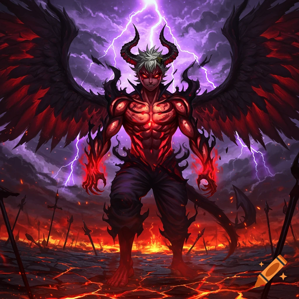 A powerful, red-skinned demon-like figure with black wings and horns stands in a fiery, lightning-storm landscape.