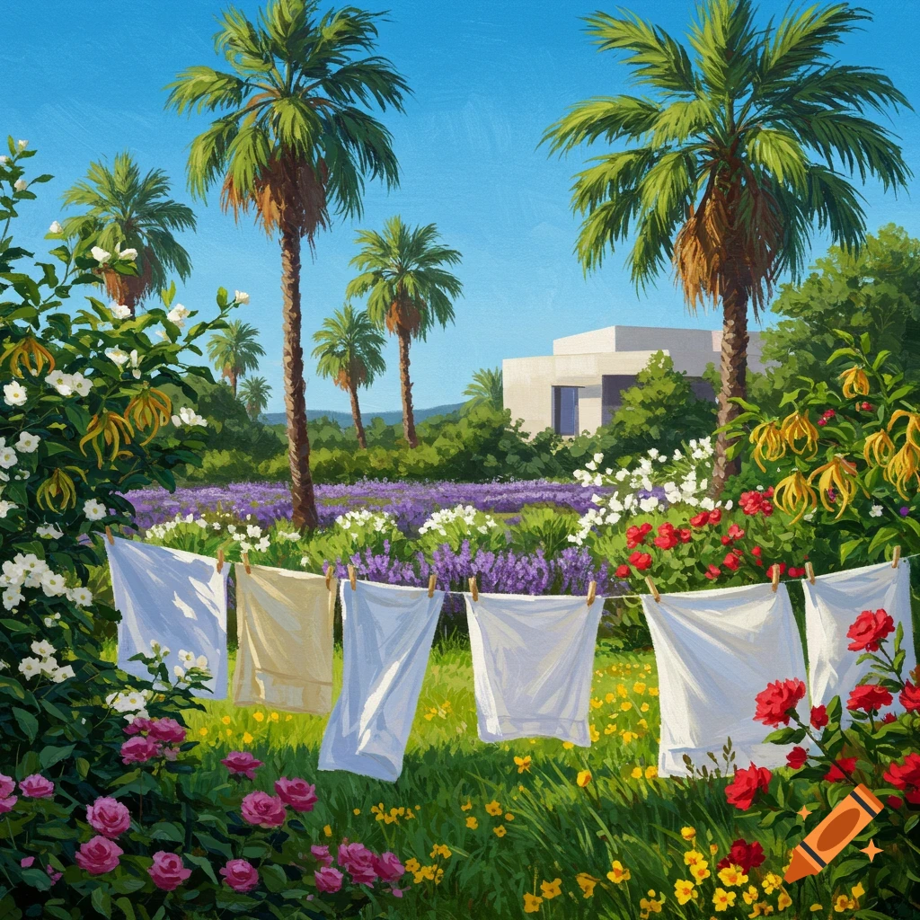 A vibrant painting of a tropical garden with laundry drying on a line, date palm trees, lavender fields, and a modern house.