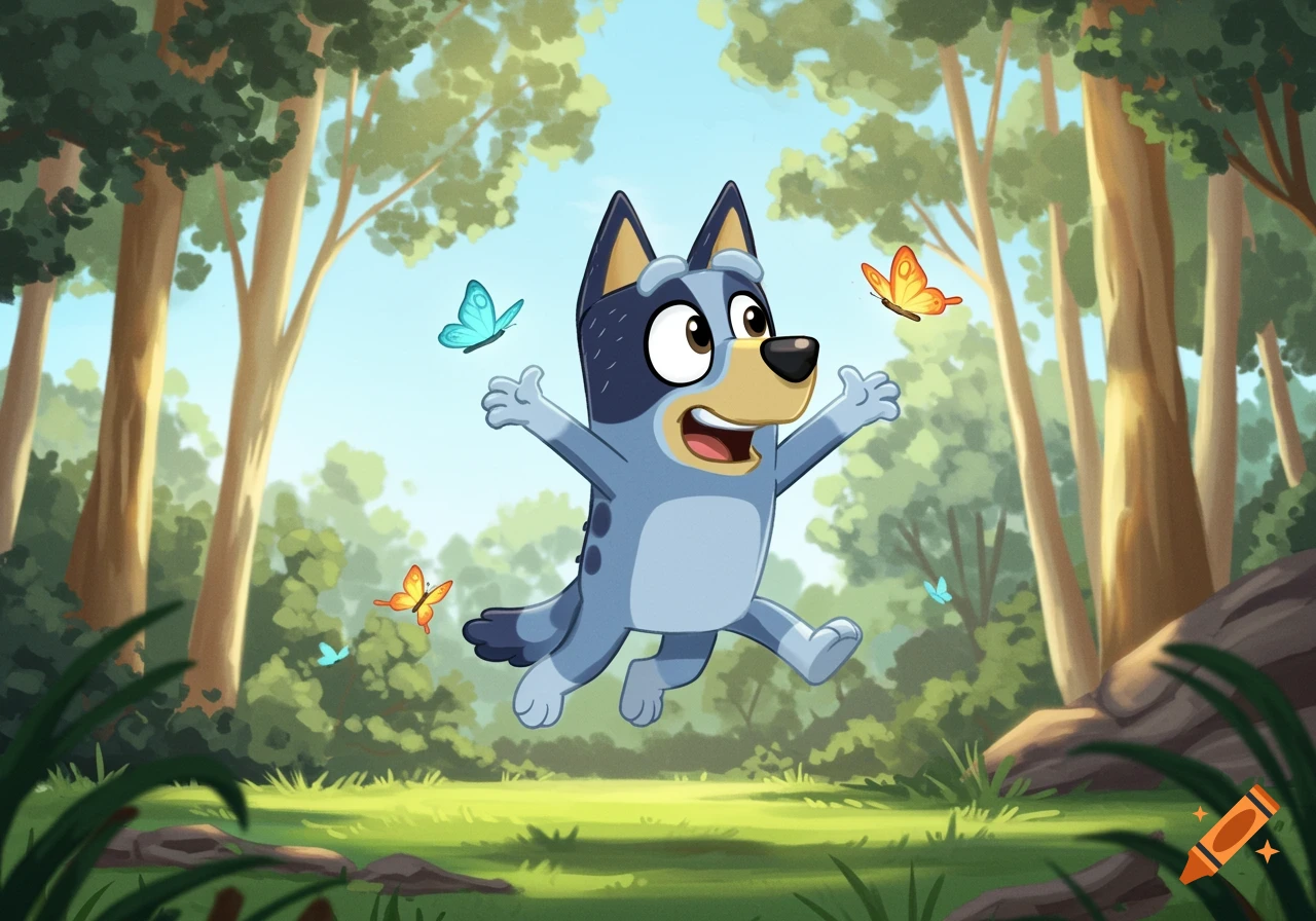 Bluey, the blue cartoon dog, jumps happily in a lush forest with colorful butterflies.