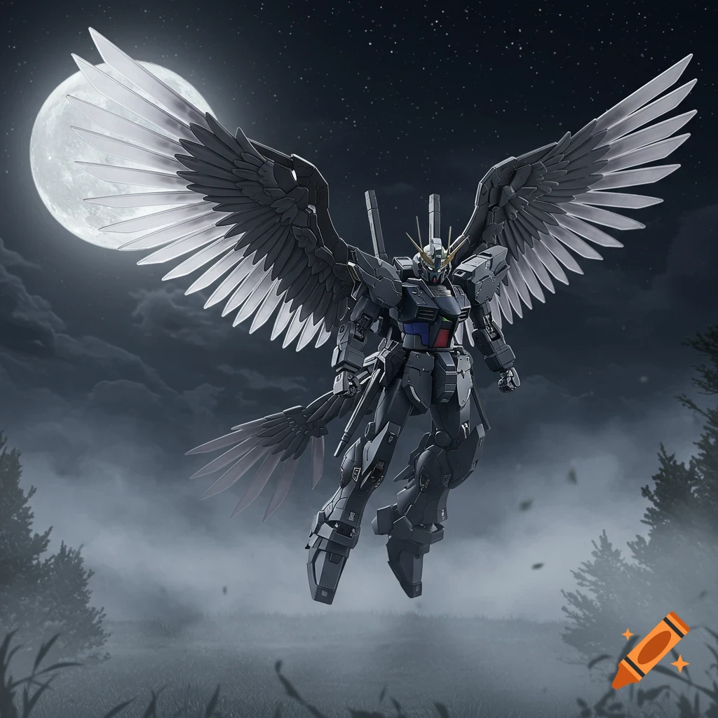 Photorealistic image of a dark gray Gothic Gundam model with large wings, flying under a full moon at midnight with mist.