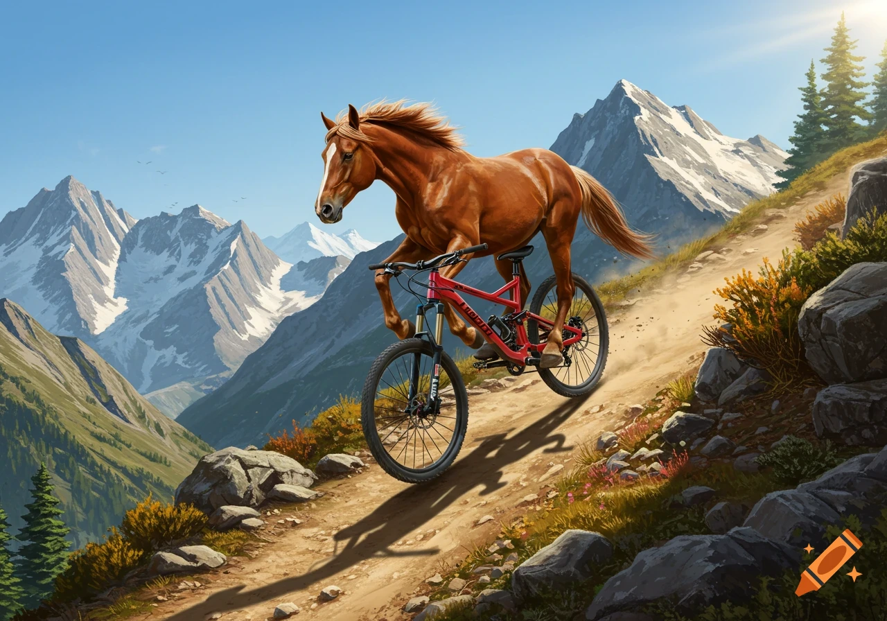 A photorealistic brown horse rides a red mountain bike down a dirt trail in a scenic mountain landscape with snow-capped peaks.