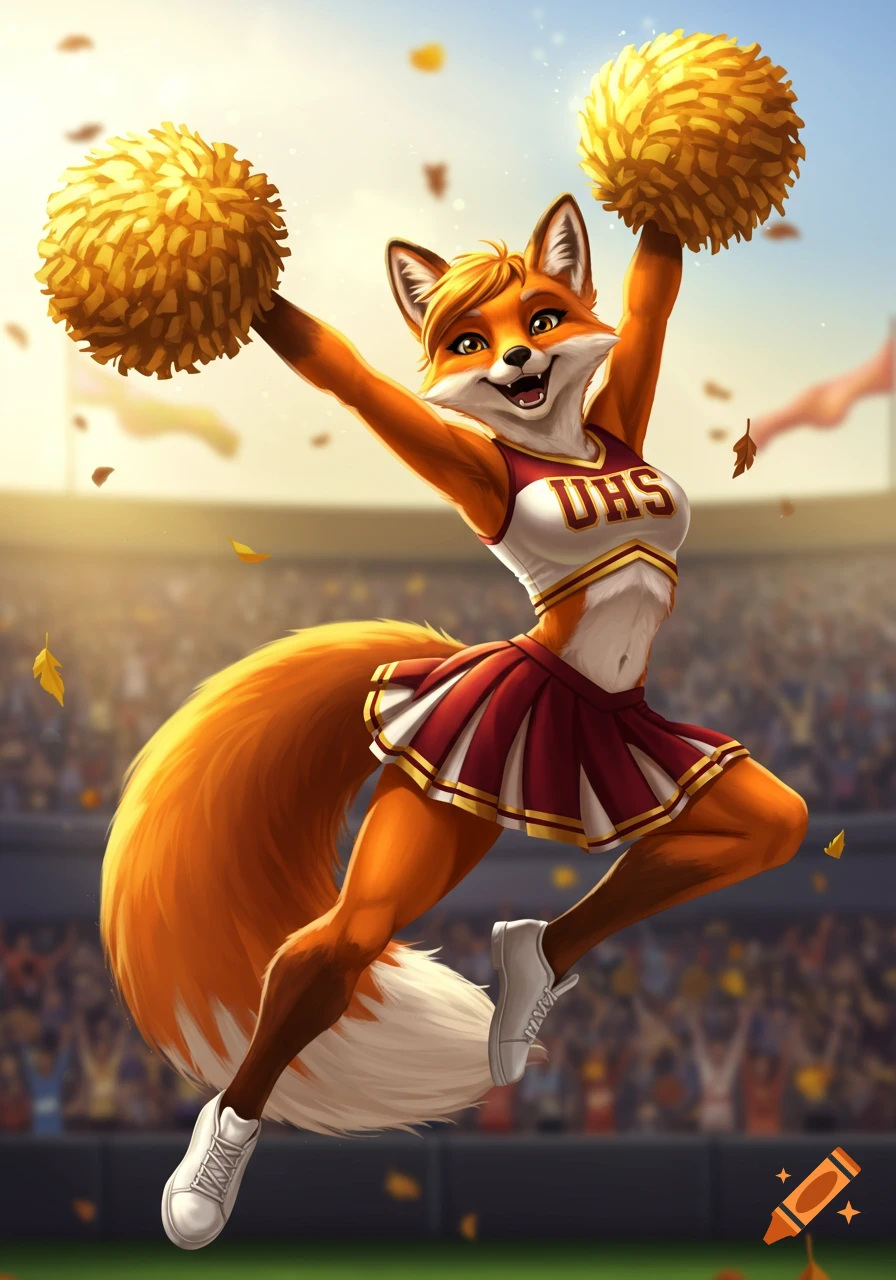 A cheerful anthropomorphic fox cheerleader in a red and white uniform jumps with gold pom-poms on a sports field, stadium in background.
