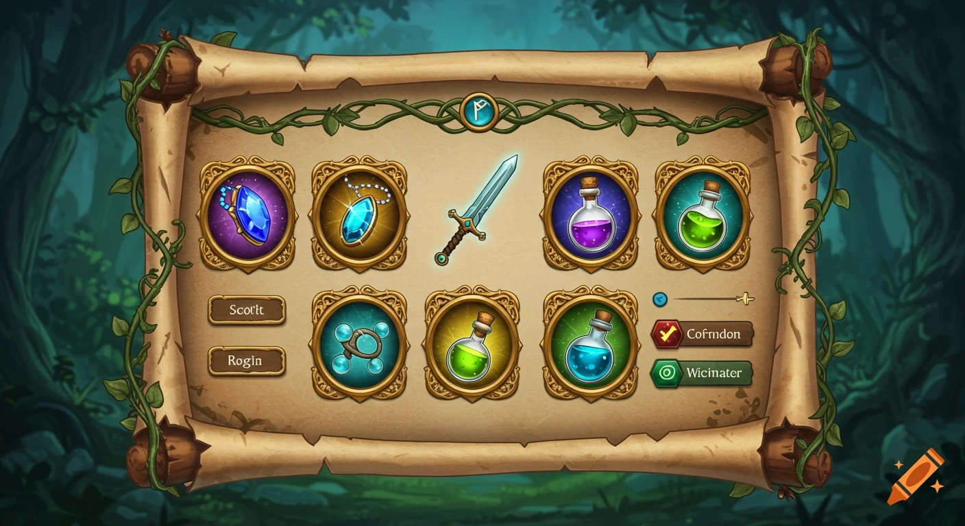 A fantasy game inventory UI on a scroll, showing a sword, various potions, amulets, and buttons.