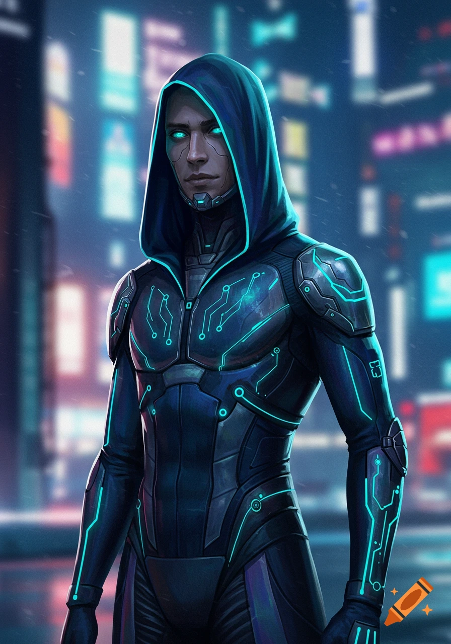 Hooded man with glowing blue eyes in futuristic armor with neon circuit patterns, standing in a blurred cyber city.