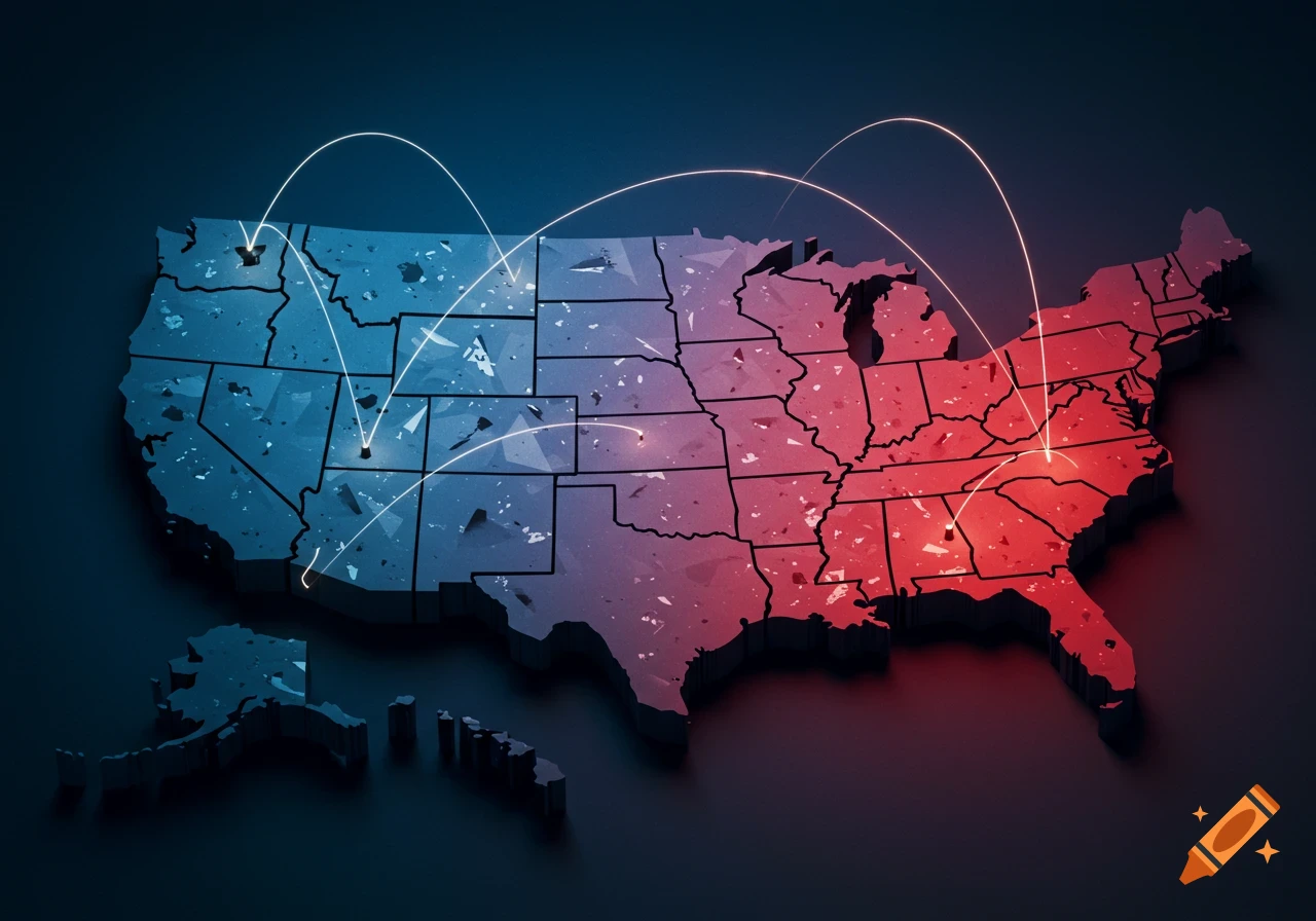 3D map of the United States, divided into blue and red halves with glowing lines connecting points, symbolizing national division.