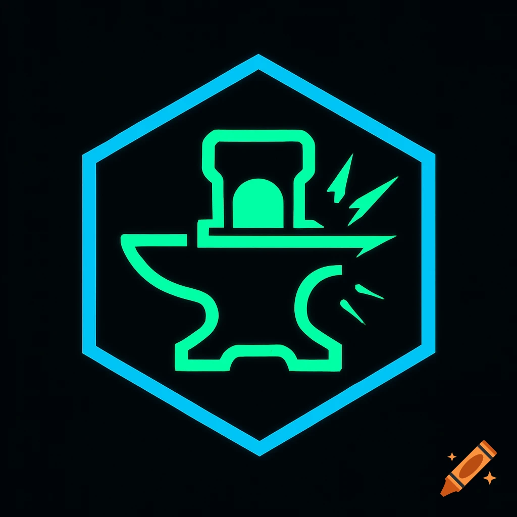 Minimalist neon blue and green hexagon logo featuring a glowing anvil and hammer with sparks on black.