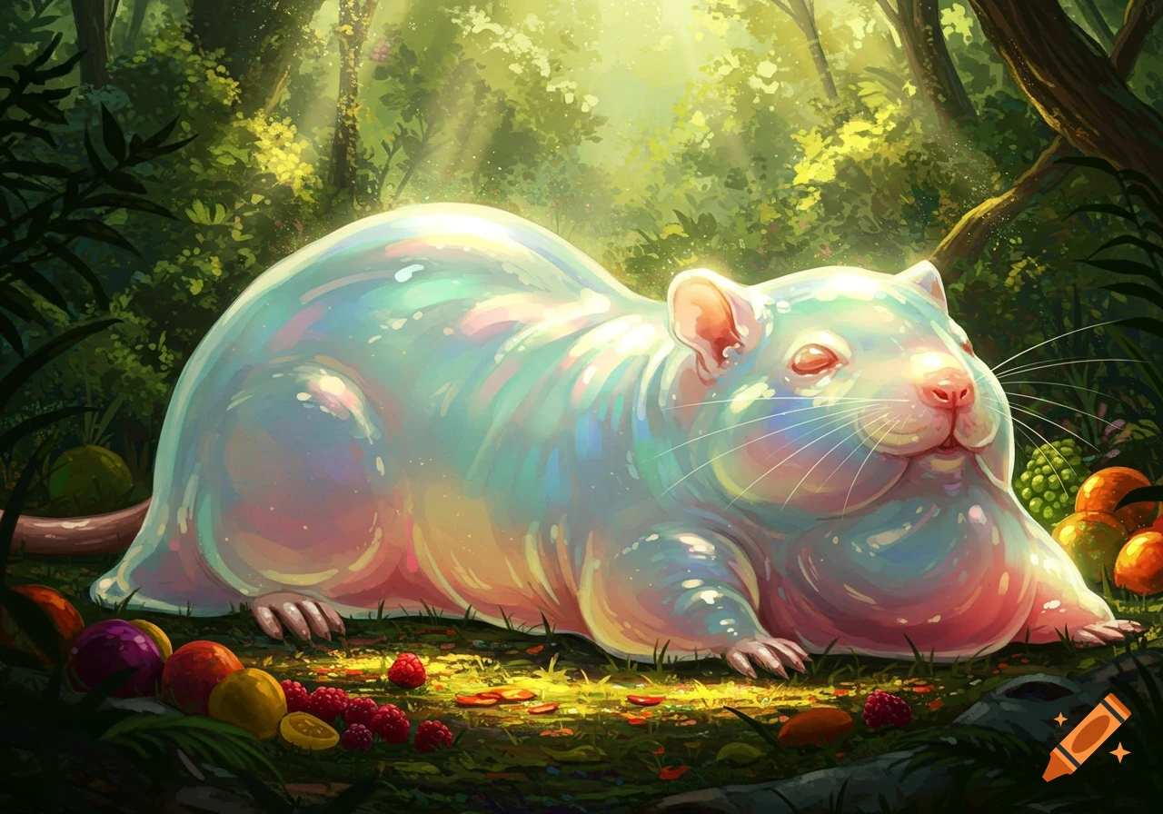 Whimsical illustration of a giant, iridescent, gelatinous gerbil lying on a sunlit forest floor with fruits.
