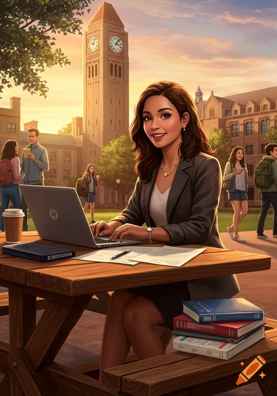 Smiling female student works on a laptop at an outdoor table on a sunny college campus with a clock tower in the background, digital art.