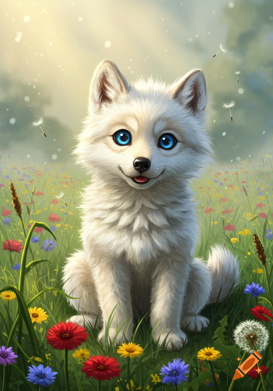 A cute white fluffy puppy with big blue eyes sits smiling in a vibrant field of colorful wildflowers under a sunny, soft sky.