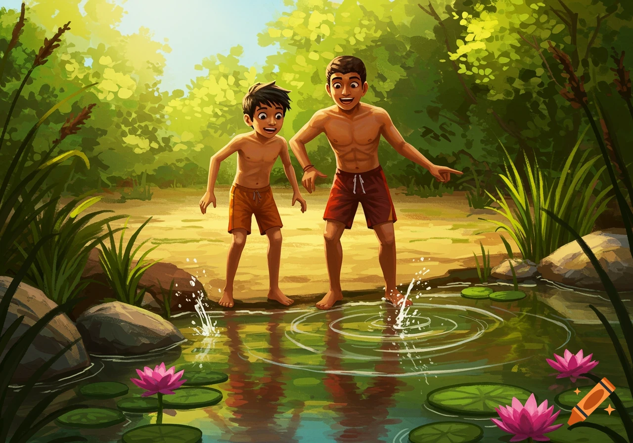 Two young boys in swim trunks splash water in a lush green pond with lily pads, in a bright digital illustration.