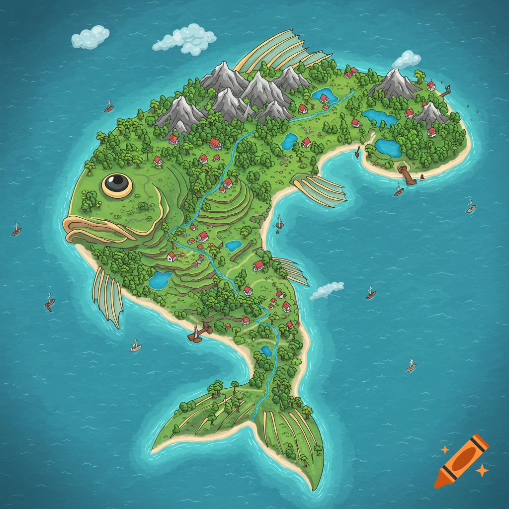 Isometric cartoon map of a fish-shaped island with mountains, forests, houses, lakes, rivers, beaches, and boats.