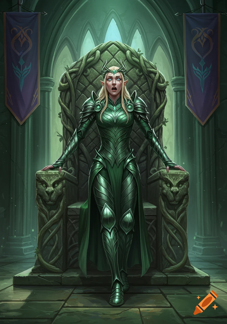 An elf warrior princess in green armor stands devastated before a carved throne in a gothic hall.