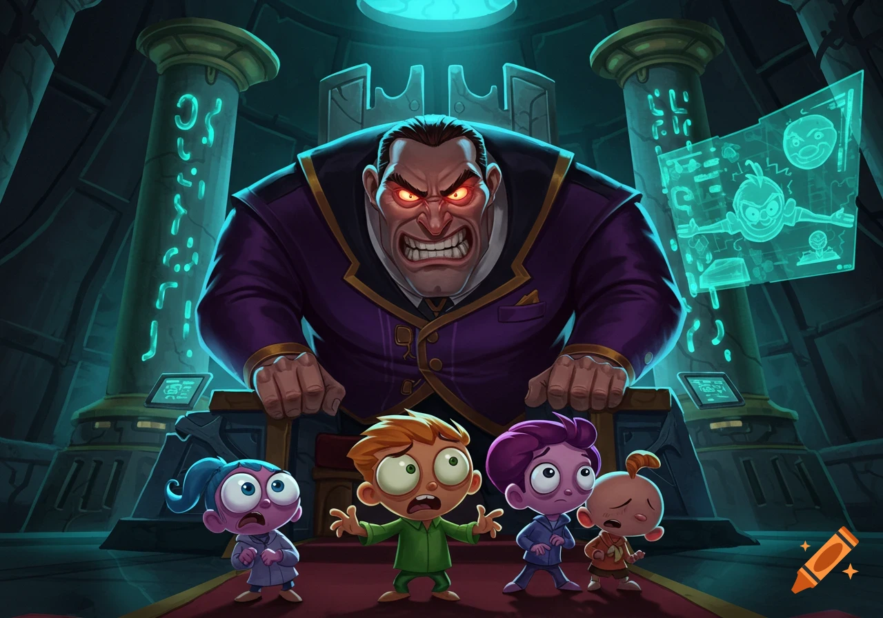 Giant angry cartoon villain with red eyes menacing four terrified cartoon children in a futuristic room.