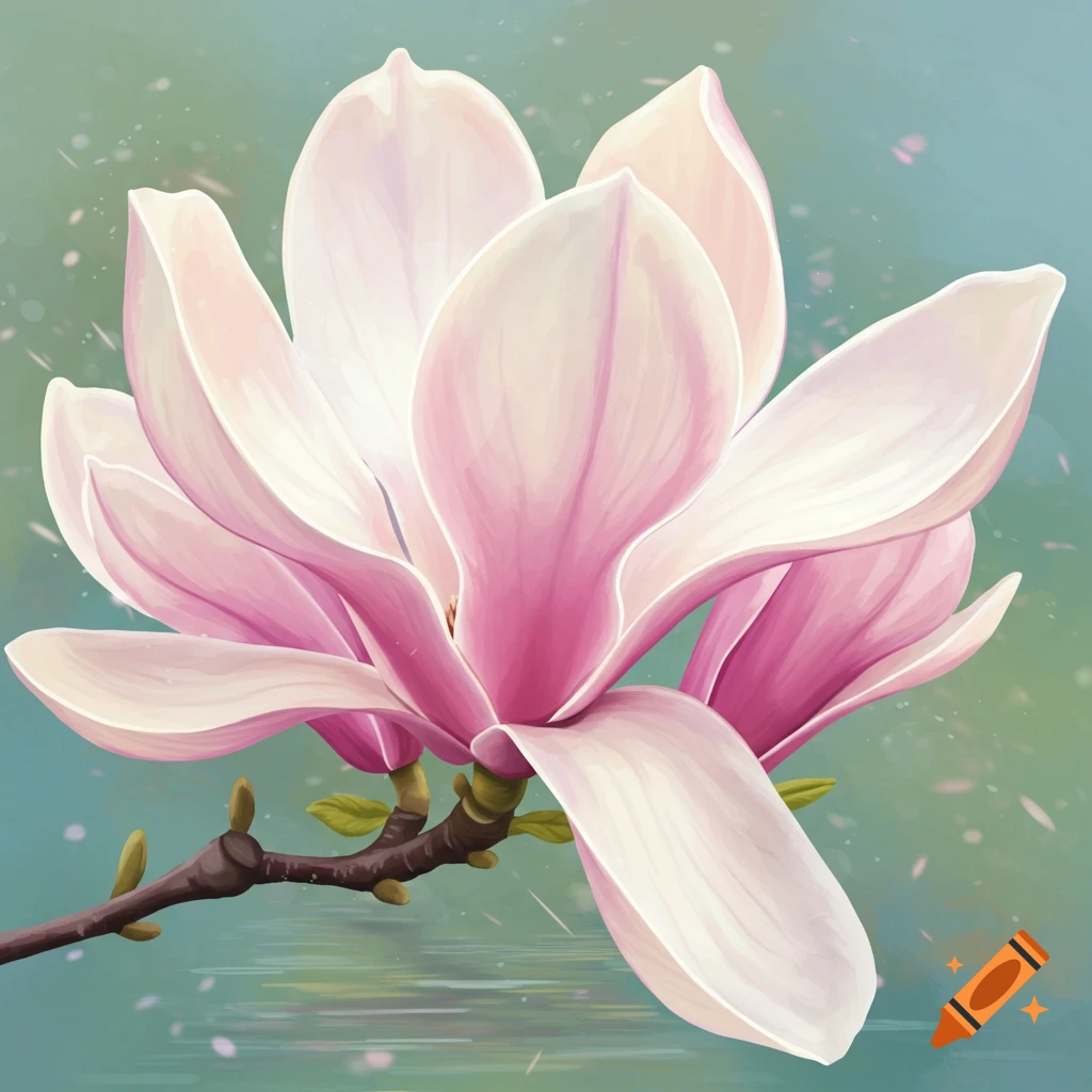 Pink and white magnolia blossom on a branch with soft, abstract background.